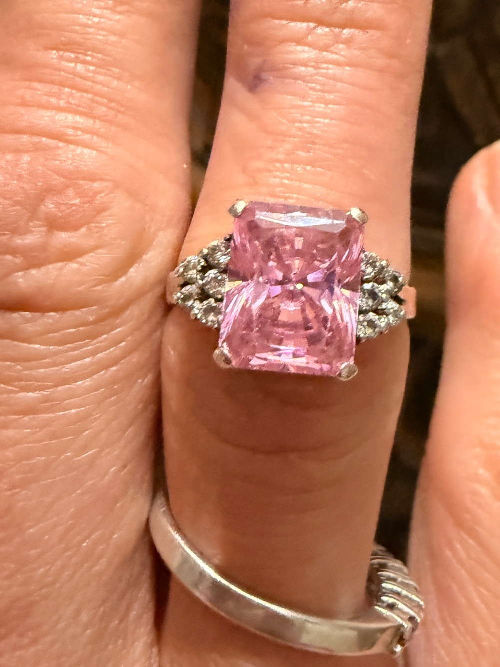 Vintage 925 Sterling Silver Radiant
Cut Pink Statement Ring Sz7 1/2